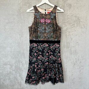 ML Monique Lhuillier Designer Floral Lace Luxury Dress 10 Black Pink Embroidered